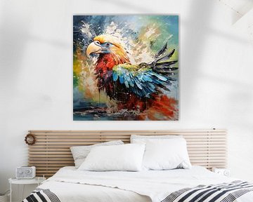 Blij Schilderij: Kleurrijke Vogel Abstract van Surreal Media