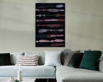 Modern abstract geometric collage in 70s retro style in pink, rust brown, green and black. by Dina Dankers