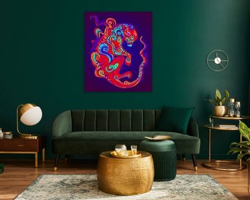 Asiatischer Drache in Pop Art Farben Ultra Violett Rot von FRESH Fine Art