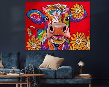 Vrolijke koe met bloemen van Happy Paintings