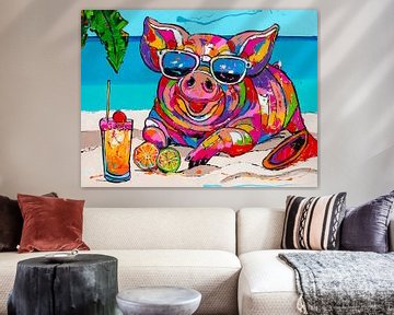 Cochon heureux sur la plage sur Happy Paintings