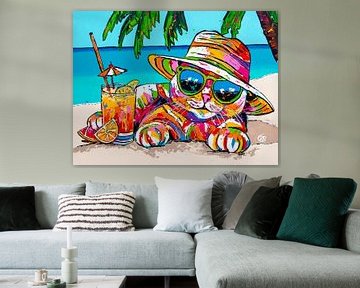 Vrolijk schilderij van een kat op het strand van Happy Paintings