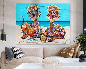 Vrolijke struisvogels op vakantie van Happy Paintings