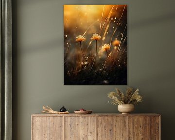 Wilde bloemen in de natuur bij zonsondergang