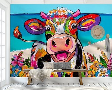 Fröhliche Kuh zwischen tropischen Blumen von Happy Paintings