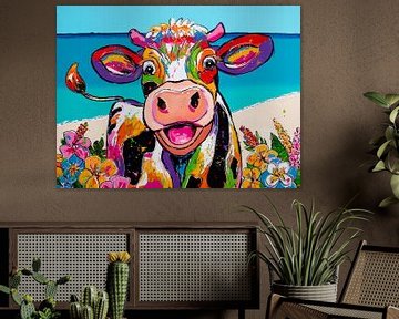 Vache joyeuse parmi des fleurs tropicales sur Happy Paintings