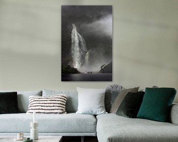 Boat in dramatic landscape of Milford Sound New Zealand by Albert Brunsting