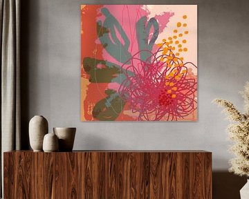 Kleurrijke bloem. Moderne abstracte botanische kunst in roze, groen, oranje, geel. van Dina Dankers