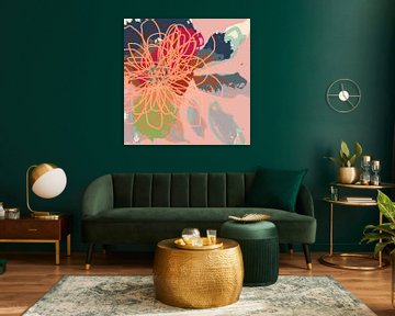 Kleurrijke bloem. Moderne abstracte botanische kunst in oranje, groen, blauw en roze