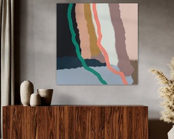 Retro 70s pastel abstract art in blues, purple, pink, gold and green. by Dina Dankers