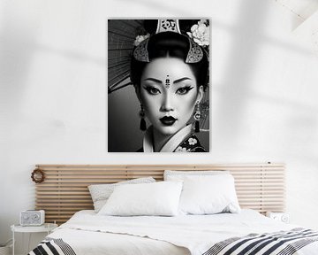 Geisha habillée de façon traditionnelle, maquillée et coiffée au 19e siècle, en noir et blanc.