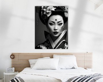 Geisha en robe traditionnelle, coiffée et maquillée en noir et blanc.