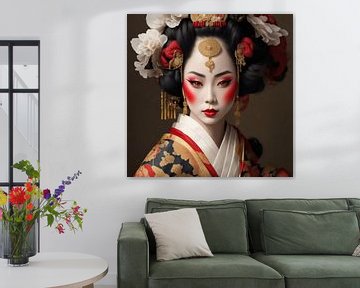 Geisha uit de 19e eeuw in traditionele klederdracht en met de haardracht en make up die daarbij horen. van Brian Morgan