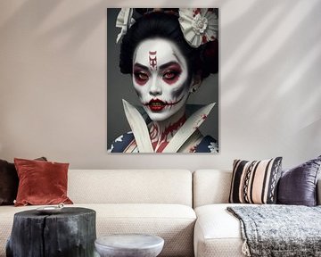 Geisha zombie en costume traditionnel, coiffée et maquillée.