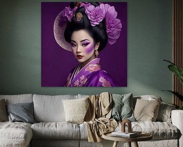 Geisha uit Japan in traditionele kleding en haardracht . van Brian Morgan