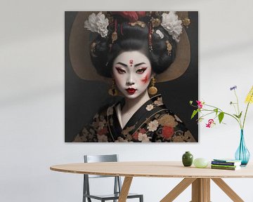 Traditionele Geisha in pastelkleuren en donkere achtergrond. van Brian Morgan