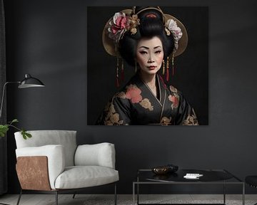 Oudere Geisha portret in warme pastel kleuren en traditionele kleding. van Brian Morgan