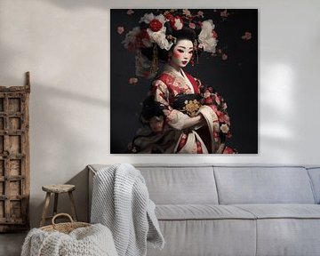 Geisha in Trouwkleding met bloemen en pastelkleuren. van Brian Morgan