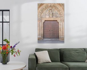 Brown church doors in Olite, Spain - vintage street and travel photography by Christa Stroo photography