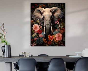 Elefant mit Blumen im Vordergrund von vanMuis