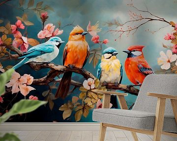 gekleurde vogeltjes op tak van vanMuis