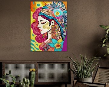 Un visage abstrait en néon entremêlé de splendeur florale sur Gisela- Art for You