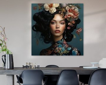 Modernes Porträt "Blumenkönigin" von Carla Van Iersel
