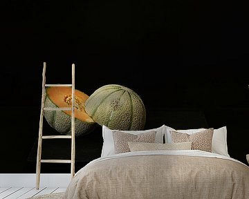 Minimalistisches Stillleben mit Melone und Zitrone.