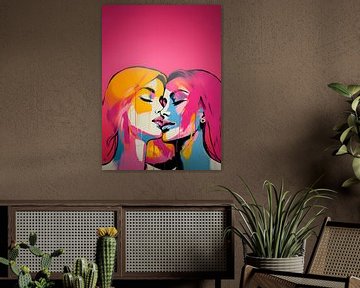 Pink Pop Art: Kissing Women by Surreal Media