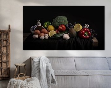 Still life with vegetables, fruit and mice