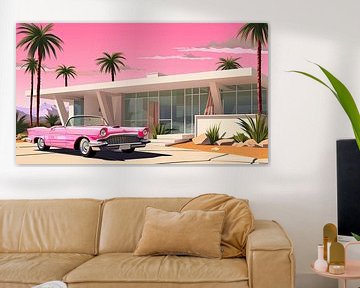 Retro-Bungalow und rosa Cadillac im Barbie-Stil von Vlindertuin Art