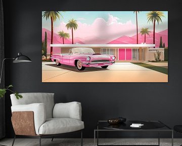 Roze Cadillac en retro bungalow jaren 50 van Vlindertuin Art
