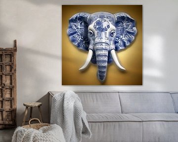 Olifant in delfts blauw - gouden achtergrond van Dunto Venaar