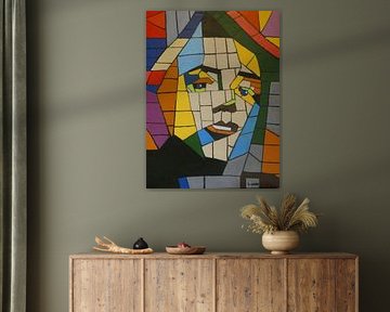 A face in mosaic with lots of colours.And dashes.