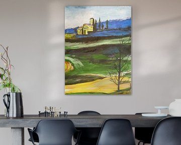 Een schilderij met verschillende kleuren grond en een berglandschap met huisjes. van Sacco Van Munster