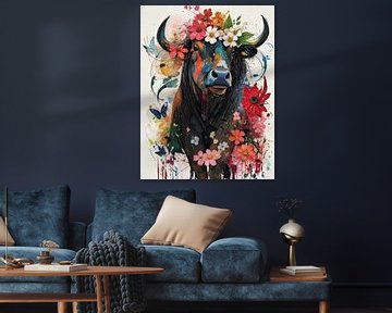 Colourful painted cow with flowers