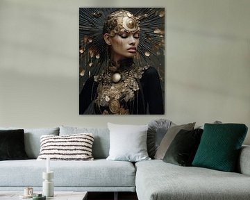 Stylish, modern portrait in gold and black tones by Carla Van Iersel
