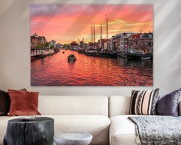 Leiden - Sunset with boat on the Kort Galgewater (0026) by Reezyard