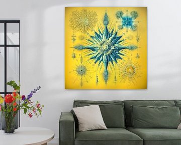 Abstract organic shapes in blue and yellow by Vlindertuin Art