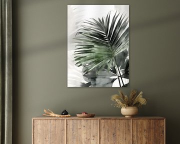 Palm leaf and monstera leaf in watercolour by Moody Mindscape