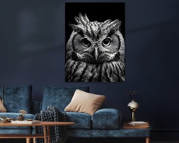 Close up owl in black and white by Moody Mindscape