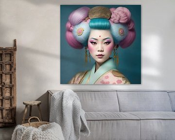 Geisha portret in mooie pastelkleuren in de traditionele kleding.