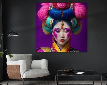 Japanse Geisha portret in felle kleuren. van Brian Morgan
