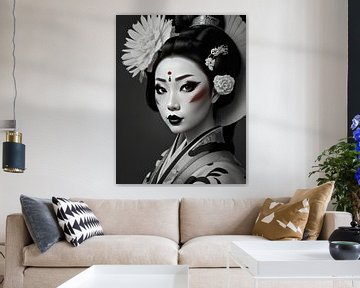 Geisha portret in zwart wit met rode accenten. van Brian Morgan