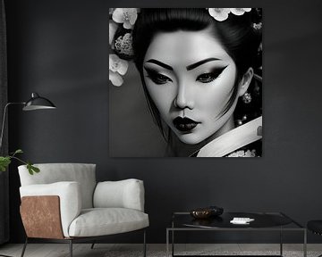 Portret van een Geisha in zwart wit.