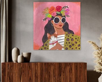 Cat Lady met bloemen en panter print van Caroline Bonne Müller