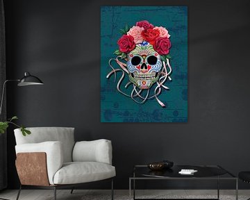 Crâne de sucre mexicain avec roses sur Colette van der Wal