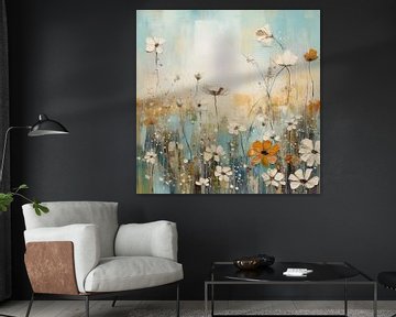 Bloemenveld aqua bruin wit van Bianca ter Riet