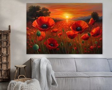 Poppies Painting Sunset Flower Meadow by Creavasis