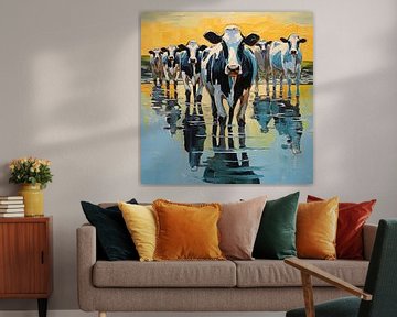 Herd of cows with reflection in the water by Bianca ter Riet